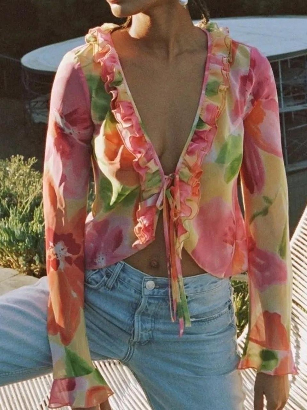 With Jean floral tie front blouse